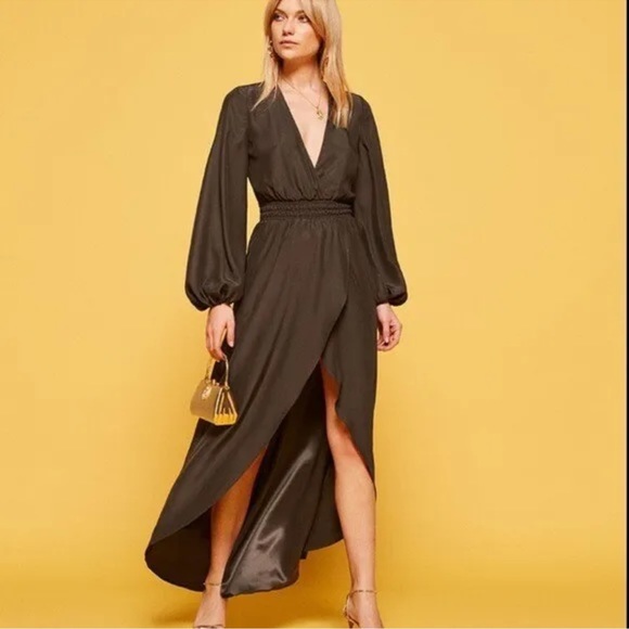 Reformation Rosalina Brown Long Sleeve High Slit Dress NWT - Picture 2 of 12